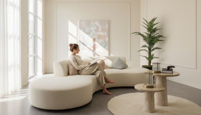 Design living room set: four-seater sofa with 2x coffee tables, luxury furniture.