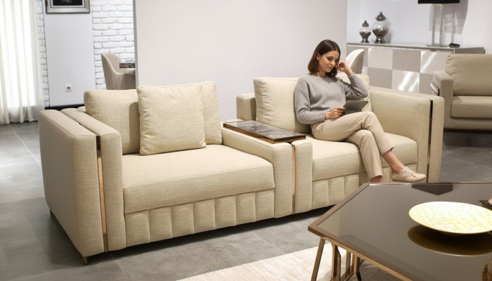 Modern living room sofa two-seater beige textile upholstery furniture design