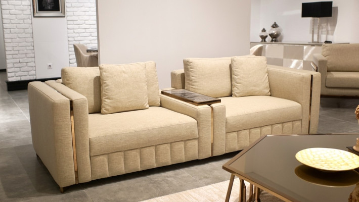 Modern living room sofa two-seater beige textile upholstery furniture design