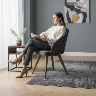 Designer luxury dining chair with armrests, gray, modern upholstered seat