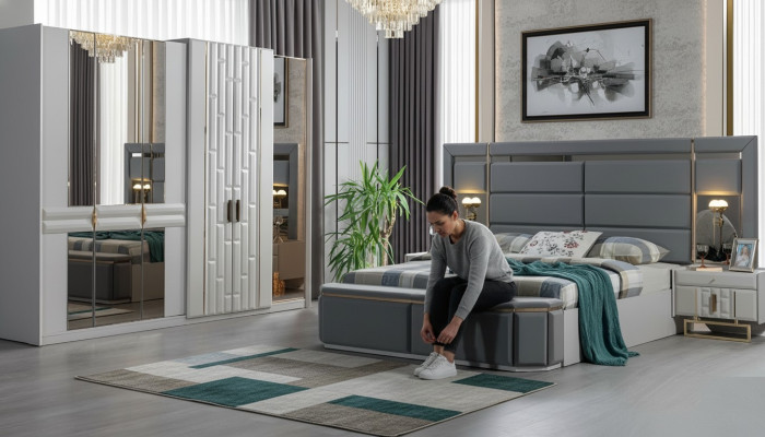Complete bedroom furniture set bed 2x bedside table wardrobe new