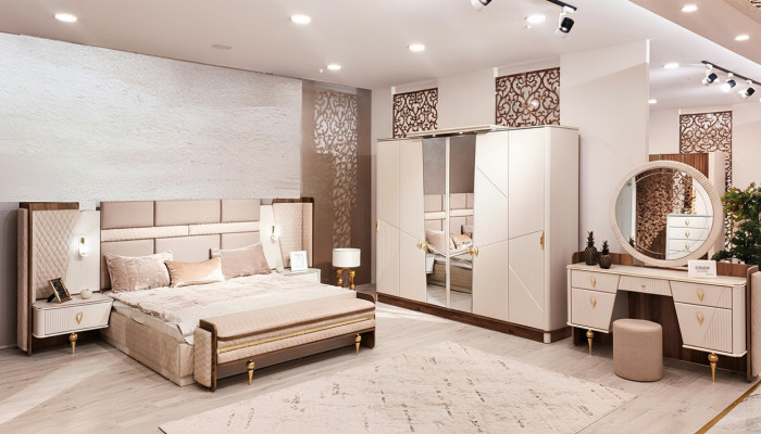 Set bedroom bed luxury wardrobe 2x bedside tables design vanity table