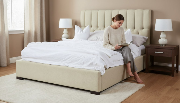 Bed Beige Double Bed Wood Modern Beds Luxury Fabric Bed Bedroom