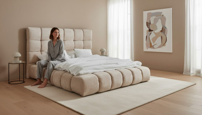 Luxury plush bed in the bedroom, large, handy designer bed, new interior.