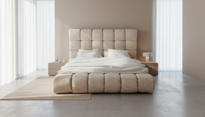 Luxury plush bed in the bedroom, large, handy designer bed, new interior.