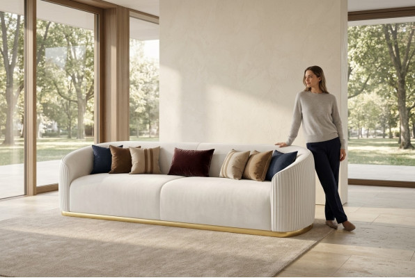 Filled 3-seater sofa in modern style with luxurious white fabric
