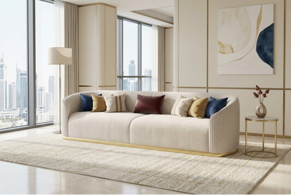 Filled 3-seater sofa in modern style with luxurious white fabric
