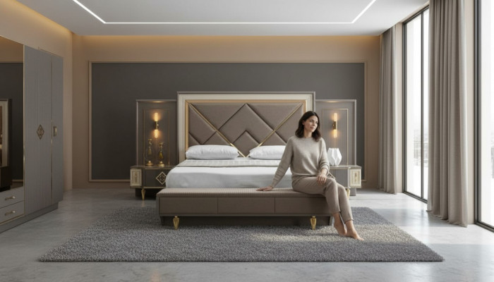 Luxury 3-piece bedroom set bed and 2x bedside tables design textile 3-piece sets