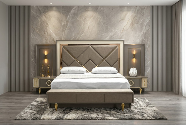 Luxury 3-piece bedroom set bed and 2x bedside tables design textile 3-piece sets