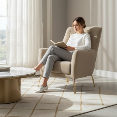 Design Seating Luxury Beige Armchair Relax Wood with Stainless Steel Armchair New