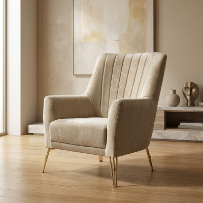 Design Seating Luxury Beige Armchair Relax Wood with Stainless Steel Armchair New