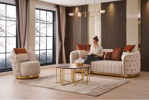 Set 2 pcs Living Room Sofa Set Three-Seater Sofa Couch Modern Armchair Textile