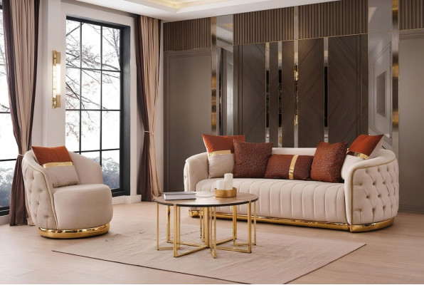 Set 2 pcs Living Room Sofa Set Three-Seater Sofa Couch Modern Armchair Textile