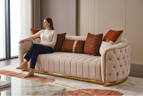 Beige textile three-seater modern designer luxury couch Chesterfield beige