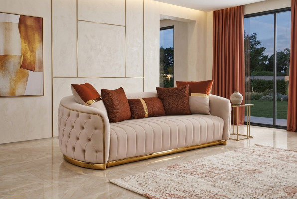 Beige textile three-seater modern designer luxury couch Chesterfield beige