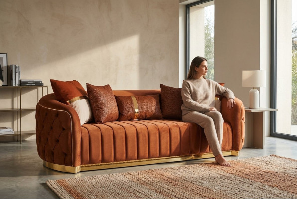 Orange textile three-seater modern designer luxury couch sofa velvet Chesterfield