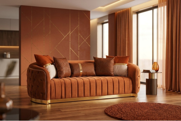Orange textile three-seater modern designer luxury couch sofa velvet Chesterfield