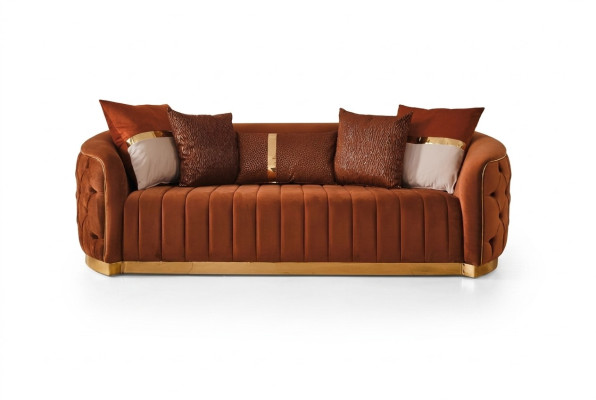 Orange textile three-seater modern designer luxury couch sofa velvet Chesterfield