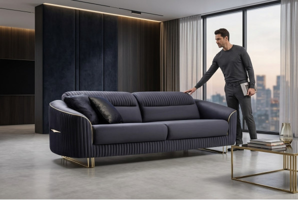 3-seater sofa upholstered sofa blue fabric seat design couch modern new