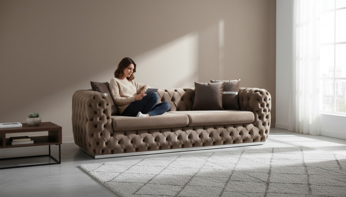 Sofa 3-seater upholstered sofa brown textile seat design couch modern Chesterfield