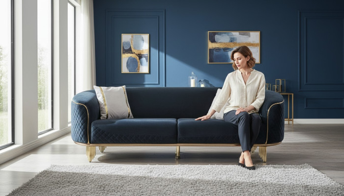 Modern New Sofa 3-Seater Upholstered Sofa Blue Textile Seat Design Couch