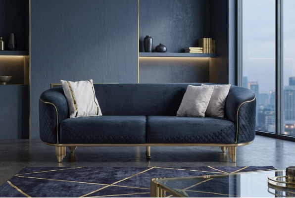 Modern New Sofa 3-Seater Upholstered Sofa Blue Textile Seat Design Couch
