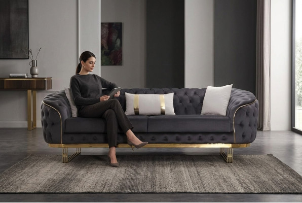 Designer sofa 3-seater textile couch upholstery sofas design brown Chesterfield