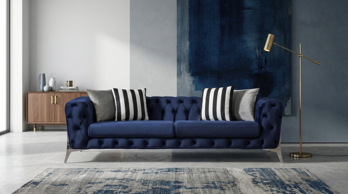 Chesterfield Sofa 3 Seater Blue Velvet Luxurious Furniture for Living Room Sofas