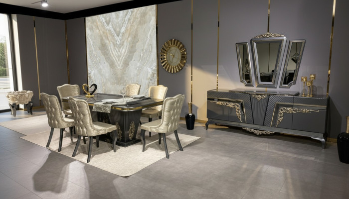Dining Room Set 9 pcs. Dining Table + 6x Chairs Sideboard with Mirror Gray new
