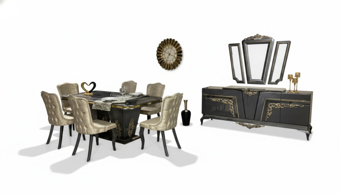 Dining Room Set 9 pcs. Dining Table + 6x Chairs Sideboard with Mirror Gray new