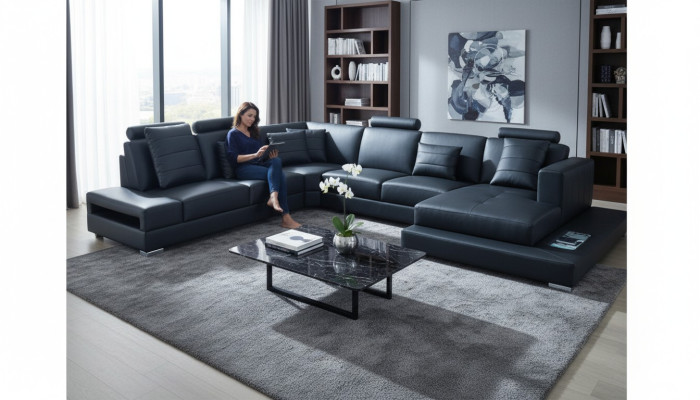 Luxury U-Shaped Sectional Sofa Black Living Landscape Couch Upholstered Corner Suite