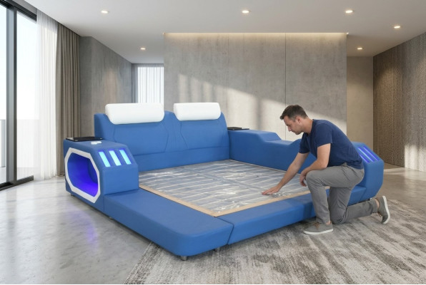 Multifunctional Beds LED Luxury Design Blue Bed Hotel Double 180x200