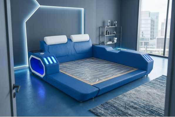 Multifunctional Beds LED Luxury Design Blue Bed Hotel Double 180x200