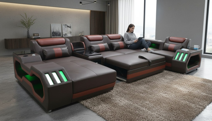 Luxury U-Shaped Corner Sofa Living Room Sofa with Bed Function Couch Furniture LED
