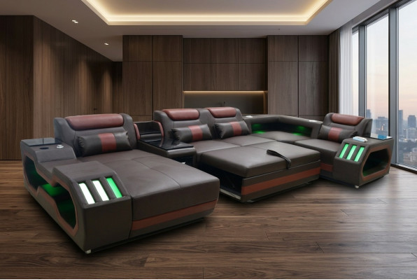 Luxury U-Shaped Corner Sofa Living Room Sofa with Bed Function Couch Furniture LED