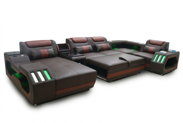 Luxury U-Shaped Corner Sofa Living Room Sofa with Bed Function Couch Furniture LED
