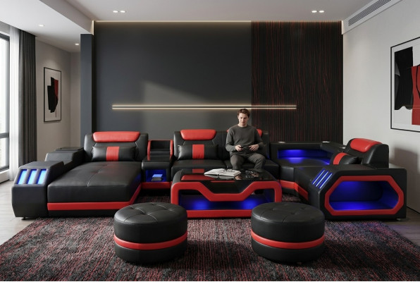 Designer living room set consists of a 4-piece modern set in black color, illuminated.