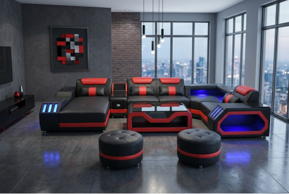 Designer living room set consists of a 4-piece modern set in black color, illuminated.