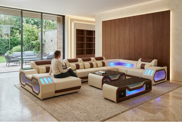 Living room set beige U-shaped sectional sofa, coffee table, TV stand, upholstered, illuminated