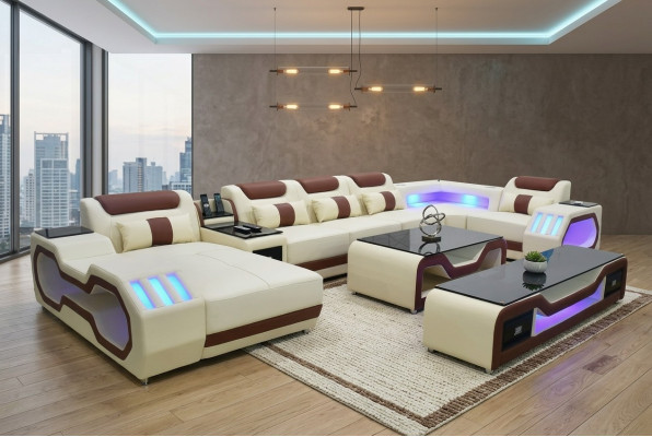 Living room set beige U-shaped sectional sofa, coffee table, TV stand, upholstered, illuminated