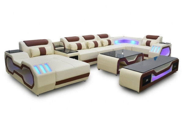 Living room set beige U-shaped sectional sofa, coffee table, TV stand, upholstered, illuminated
