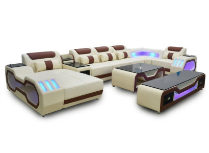 Living room set beige U-shaped sectional sofa, coffee table, TV stand, upholstered, illuminated