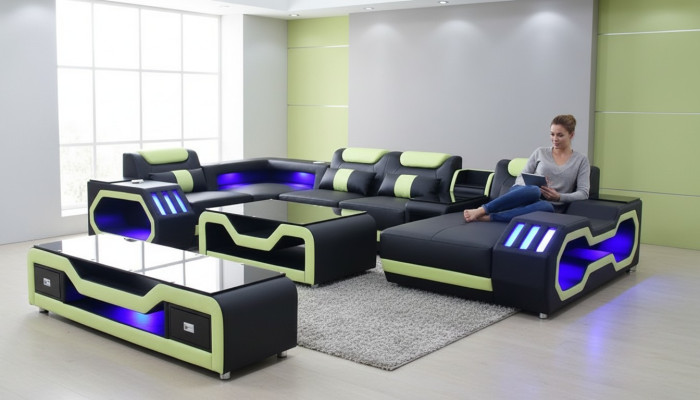 Sectional U-shaped black living area couch upholstery corner set sofa