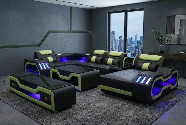 Sectional U-shaped black living area couch upholstery corner set sofa
