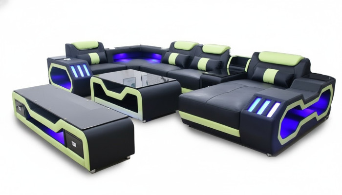 Sectional U-shaped black living area couch upholstery corner set sofa
