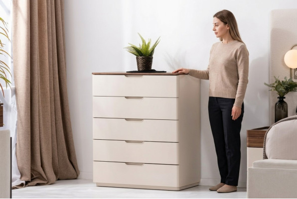 Elegant modern beige wooden chest of drawers