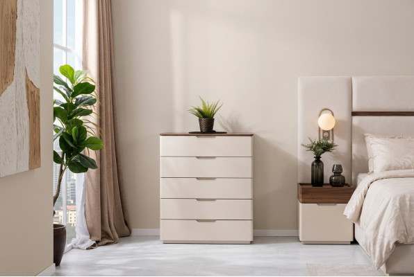 Elegant modern beige wooden chest of drawers