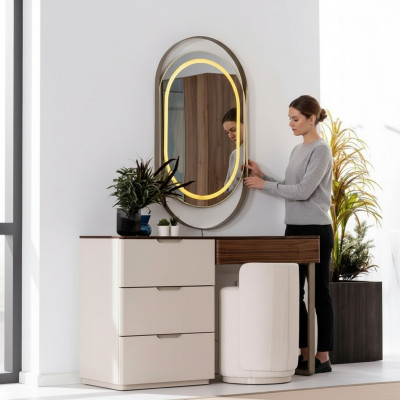 Beige Vanity Table Mirror Bedroom Dressing Table Luxury 2-Piece Set