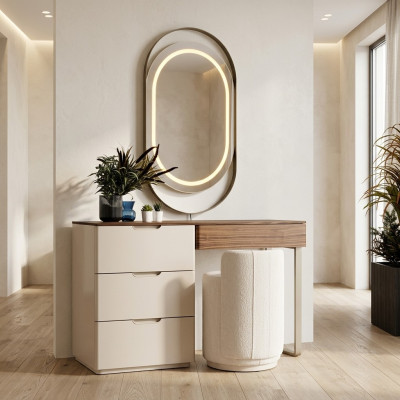 Beige Vanity Table Mirror Bedroom Dressing Table Luxury 2-Piece Set