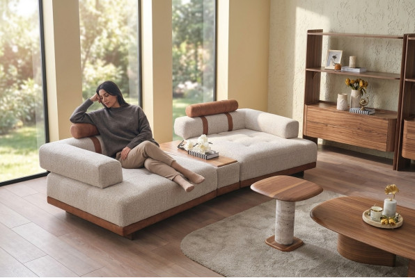 Modern beige sofa, 3-seat luxury living room furniture, design three-seater style, big XXL